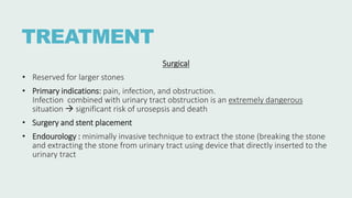 TREATMENT
Surgical
• Reserved for larger stones
• Primary indications: pain, infection, and obstruction.
Infection combined with urinary tract obstruction is an extremely dangerous
situation  significant risk of urosepsis and death
• Surgery and stent placement
• Endourology : minimally invasive technique to extract the stone (breaking the stone
and extracting the stone from urinary tract using device that directly inserted to the
urinary tract
 