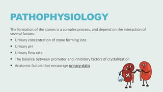 PATHOPHYSIOLOGY
The formation of the stones is a complex process, and depend on the interaction of
several factors:
 Urinary concentration of stone forming ions
 Urinary pH
 Urinary flow rate
 The balance between promoter and inhibitory factors of crystallization
 Anatomic factors that encourage urinary statis
 