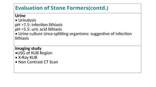 Evaluation of Stone Formers(contd.)
Urine
• Urinalysis
pH >7.5: infection lithiasis
pH <5.5: uric acid lithiasis
• Urine culture Urea-splitting organisms: suggestive of infection
lithiasis
Imaging study
•USG of KUB Region
• X-Ray KUB
• Non Contrast CT Scan
 