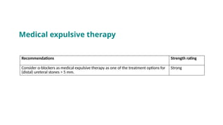 Recommendations Strength rating
Consider α-blockers as medical expulsive therapy as one of the treatment options for
(distal) ureteral stones > 5 mm.
Strong
Medical expulsive therapy
 