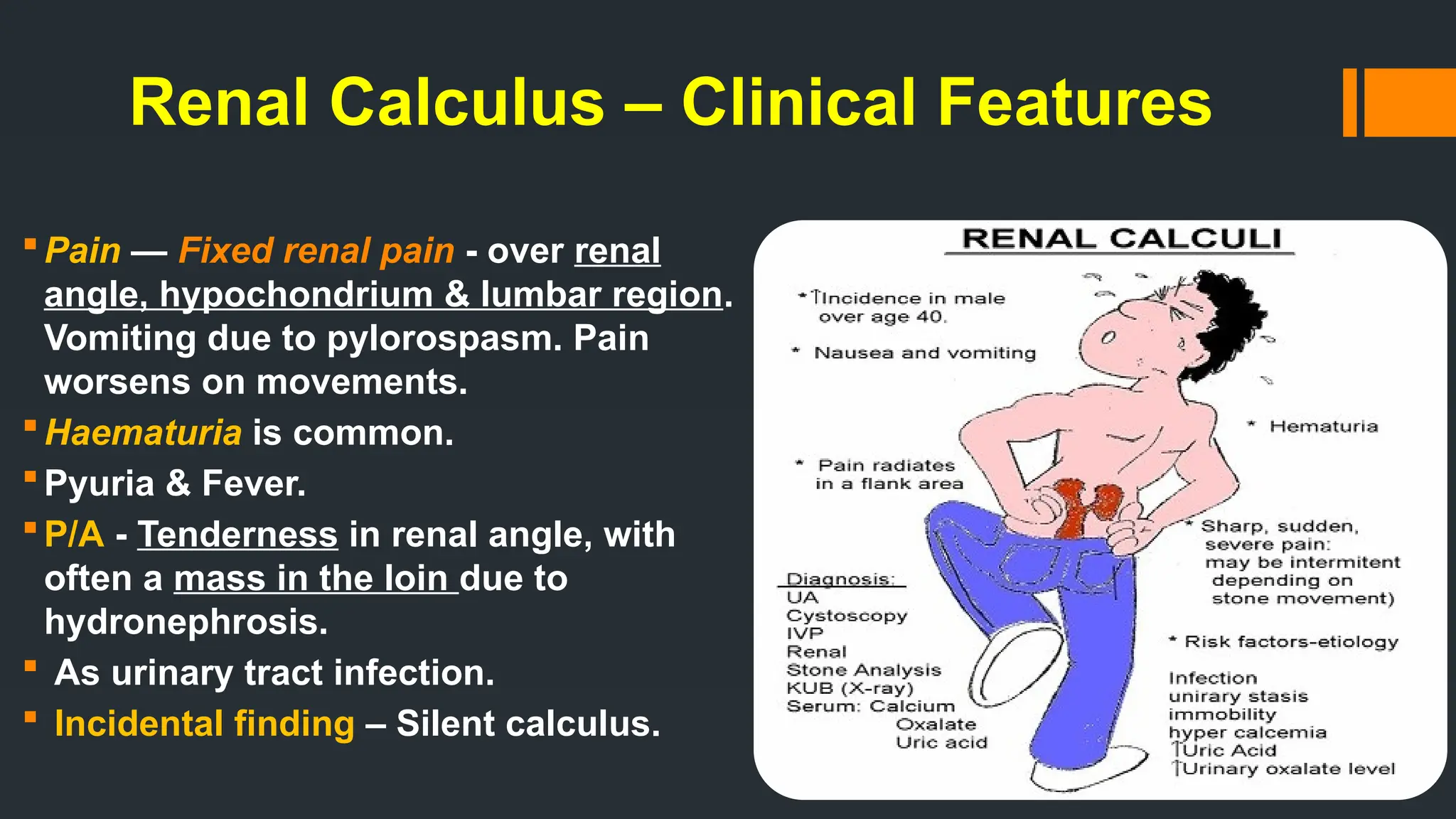 Renal Calculus – Clinical Features
Pain — Fixed renal pain - over renal
angle, hypochondrium & lumbar region.
Vomiting due to pylorospasm. Pain
worsens on movements.
Haematuria is common.
Pyuria & Fever.
P/A - Tenderness in renal angle, with
often a mass in the loin due to
hydronephrosis.
 As urinary tract infection.
 Incidental finding – Silent calculus.
 