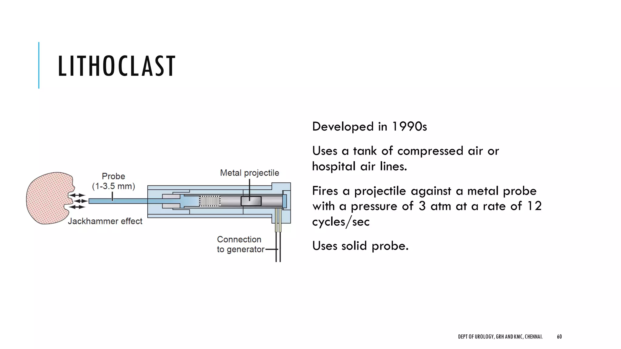 LITHOCLAST
Developed in 1990s
Uses a tank of compressed air or
hospital air lines.
Fires a projectile against a metal probe
with a pressure of 3 atm at a rate of 12
cycles/sec
Uses solid probe.
60
DEPT OF UROLOGY,GRH ANDKMC,CHENNAI.
 