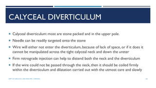 CALYCEAL DIVERTICULUM
 Calyceal diverticulum: most are stone packed and in the upper pole.
 Needle can be readily targeted onto the stone
 Wire will either not enter the diverticulum, because of lack of space, or if it does it
cannot be manipulated across the tight calyceal neck and down the ureter
 Firm retrograde injection can help to distend both the neck and the diverticulum
 If the wire could not be passed through the neck, then it should be coiled firmly
within the diverticulum and dilatation carried out with the utmost care and slowly
130
DEPT OF UROLOGY, GRH AND KMC, CHENNAI.
 