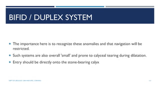 BIFID / DUPLEX SYSTEM
 The importance here is to recognize these anomalies and that navigation will be
restricted.
 Such systems are also overall 'small' and prone to calyceal tearing during dilatation.
 Entry should be directly onto the stone-bearing calyx
131
DEPT OF UROLOGY, GRH AND KMC, CHENNAI.
 