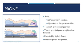 PRONE
 Arms
(a) “superman” position
(b) tucked at the patient’s sides.
The neck is in neutral position
Thorax and abdomen are placed on
bolsters
Knee & Hip slightly flexed
Pressure points are padded
38
DEPT OF UROLOGY, GRH AND KMC, CHENNAI.
 