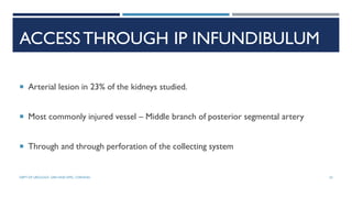 ACCESSTHROUGH IP INFUNDIBULUM
 Arterial lesion in 23% of the kidneys studied.
 Most commonly injured vessel – Middle branch of posterior segmental artery
 Through and through perforation of the collecting system
53
DEPT OF UROLOGY, GRH AND KMC, CHENNAI.
 