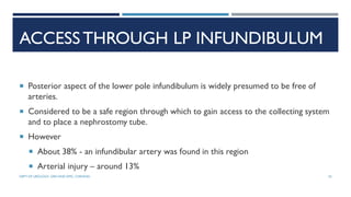 ACCESSTHROUGH LP INFUNDIBULUM
 Posterior aspect of the lower pole infundibulum is widely presumed to be free of
arteries.
 Considered to be a safe region through which to gain access to the collecting system
and to place a nephrostomy tube.
 However
 About 38% - an infundibular artery was found in this region
 Arterial injury – around 13%
55
DEPT OF UROLOGY, GRH AND KMC, CHENNAI.
 