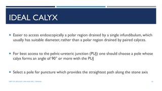 IDEAL CALYX
 Easier to access endoscopically a polar region drained by a single infundibulum, which
usually has suitable diameter, rather than a polar region drained by paired calyces.
 For best access to the pelvic-ureteric junction (PUJ) one should choose a pole whose
calyx forms an angle of 90° or more with the PUJ
 Select a pole for puncture which provides the straightest path along the stone axis
62
DEPT OF UROLOGY, GRH AND KMC, CHENNAI.
 