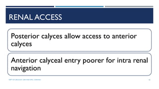 RENAL ACCESS
Posterior calyces allow access to anterior
calyces
Anterior calyceal entry poorer for intra renal
navigation
66
DEPT OF UROLOGY, GRH AND KMC, CHENNAI.
 