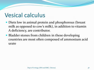 Vesical calculus
 Diets low in animal protein and phosphorous (breast
milk as opposed to cow’s milk), in addition to vitamin
A deficiency, are contributor.
 Bladder stones from children in these developing
countries are most often composed of ammonium acid
urate
48
Dept of Urology,GRH and KMC, Chennai.
 