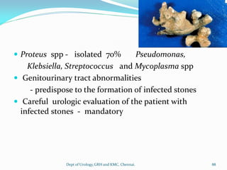  Proteus spp - isolated 70% Pseudomonas,
Klebsiella, Streptococcus and Mycoplasma spp
 Genitourinary tract abnormalities
- predispose to the formation of infected stones
 Careful urologic evaluation of the patient with
infected stones - mandatory
88
Dept of Urology,GRH and KMC, Chennai.
 