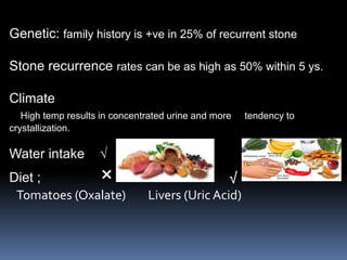Genetic: family history is +ve in 25% of recurrent stone
Stone recurrence rates can be as high as 50% within 5 ys.
Climate
High temp results in concentrated urine and more tendency to
crystallization.
Water intake √
Diet ; × √
Tomatoes (Oxalate) Livers (Uric Acid)
 
