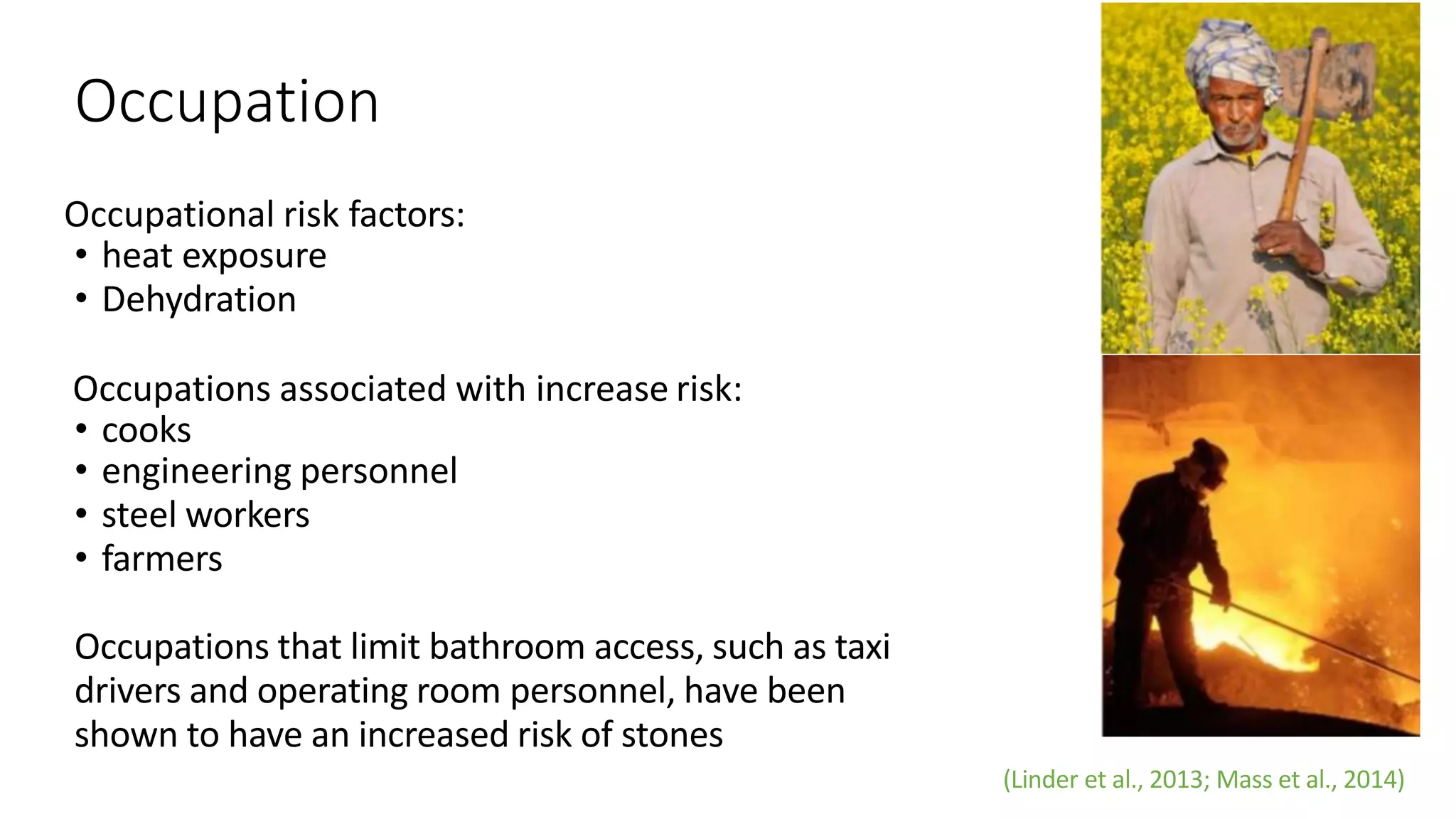 Occupation
Occupational risk factors:
• heat exposure
• Dehydration
Occupations associated with increase risk:
• cooks
• engineering personnel
• steel workers
• farmers
Occupations that limit bathroom access, such as taxi
drivers and operating room personnel, have been
shown to have an increased risk of stones
(Linder et al., 2013; Mass et al., 2014)
 