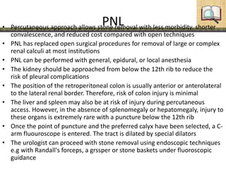 PNL• Percutaneous approach allows stone removal with less morbidity, shorter
convalescence, and reduced cost compared with open techniques
• PNL has replaced open surgical procedures for removal of large or complex
renal calculi at most institutions
• PNL can be performed with general, epidural, or local anesthesia
• The kidney should be approached from below the 12th rib to reduce the
risk of pleural complications
• The position of the retroperitoneal colon is usually anterior or anterolateral
to the lateral renal border. Therefore, risk of colon injury is minimal
• The liver and spleen may also be at risk of injury during percutaneous
access. However, in the absence of splenomegaly or hepatomegaly, injury to
these organs is extremely rare with a puncture below the 12th rib
• Once the point of puncture and the preferred calyx have been selected, a C-
arm fluouroscope is entered. The tract is dilated by special dilators
• The urologist can proceed with stone removal using endoscopic techniques
e.g with Randall's forceps, a grssper or stone baskets under fluoroscopic
guidance
 