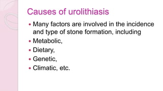 Causes of urolithiasis
 Many factors are involved in the incidence
and type of stone formation, including
 Metabolic,
 Dietary,
 Genetic,
 Climatic, etc.
 
