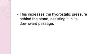  This increases the hydrostatic pressure
behind the stone, assisting it in its
downward passage.
 