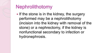 Nephrolithotomy
 If the stone is in the kidney, the surgery
performed may be a nephrolithotomy
(incision into the kidney with removal of the
stone) or a nephrectomy, if the kidney is
nonfunctional secondary to infection or
hydronephrosis.
 