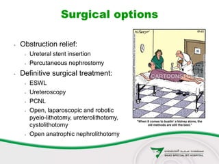 Surgical options
 Obstruction relief:
 Ureteral stent insertion
 Percutaneous nephrostomy
 Definitive surgical treatment:
 ESWL
 Ureteroscopy
 PCNL
 Open, laparoscopic and robotic
pyelo-lithotomy, ureterolithotomy,
cystolithotomy
 Open anatrophic nephrolithotomy
 