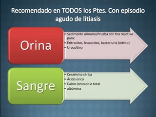 • Sedimento urinario/Prueba con tira reactiva
           para:

Orina    • Eritrocitos, leucocitos, bacteriuria (nitrito)
         • Urocultivo




         • Creatinina sérica
         • Ácido úrico

Sangre   • Calcio ionizado o total
         • albúmina
 