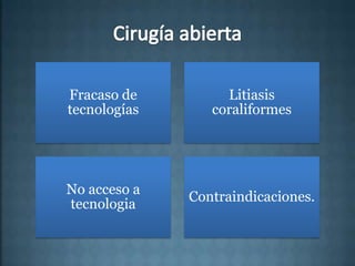 Fracaso de         Litiasis
tecnologías      coraliformes




No acceso a
              Contraindicaciones.
tecnologia
 