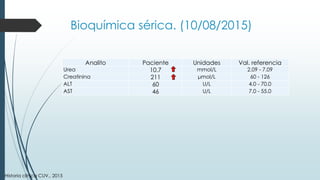 Analito Paciente Unidades Val. referencia
Urea 10.7 mmol/L 2.09 - 7.09
Creatinina 211 μmol/L 60 - 126
ALT 60 U/L 4.0 - 70.0
AST 46 U/L 7.0 - 55.0
Bioquímica sérica. (10/08/2015)
Historia clínica CUV., 2015
 