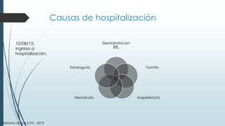 Causas de hospitalización
Deshidratacion
8%.
Vomito
InapetenciaHematuria
Extranguria
10/08/15:
ingresa a
hospitalización.
Historia clínica CUV., 2015
 