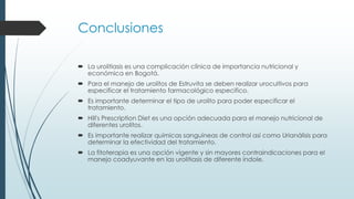 Conclusiones
 La urolitiasis es una complicación clínica de importancia nutricional y
económica en Bogotá.
 Para el manejo de urolitos de Estruvita se deben realizar urocultivos para
especificar el tratamiento farmacológico especifico.
 Es importante determinar el tipo de urolito para poder especificar el
tratamiento.
 Hill's Prescription Diet es una opción adecuada para el manejo nutricional de
diferentes urolitos.
 Es importante realizar químicas sanguíneas de control así como Urianálisis para
determinar la efectividad del tratamiento.
 La fitoterapia es una opción vigente y sin mayores contraindicaciones para el
manejo coadyuvante en las urolitiasis de diferente índole.
 