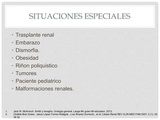 SITUACIONES ESPECIALES
• Trasplante renal
• Embarazo
• Dismorfia.
• Obesidad
• Riñon poliquistico
• Tumores
• Paciente pediatrico
• Malformaciones renales.
1. Jack W. McAninch. Smith y tanagho. Urología general. Lange Mc graw hill education. 2013.
2. Clotilde Boix Grasa , Jesús López-Torres Hidalgob , Luis Álvarez Dumontc , et al. Litiasis Renal REV CLÍN MED FAM 2007; 2 (1): 32-
38 32.
 