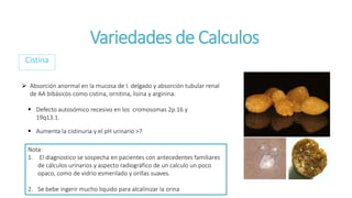 Variedades de Calculos
Cistina
 Absorción anormal en la mucosa de I. delgado y absorción tubular renal
de AA bibásicos como cistina, ornitina, lisina y arginina.
 Defecto autosómico recesivo en los cromosomas 2p.16 y
19q13.1.
 Aumenta la cistinuria y el pH urinario >7
Nota:
1. El diagnostico se sospecha en pacientes con antecedentes familiares
de cálculos urinarios y aspecto radiográfico de un calculo un poco
opaco, como de vidrio esmerilado y orillas suaves.
2. Se bebe ingerir mucho liquido para alcalinizar la orina
 