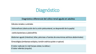Diagnóstico
Cálculos renales o uretrales
hidronefrosis (obstrucción de la unión pieloureteral, se desprendió de la papila)
cistitis bacteriana o pielonefritis
Abdomen agudo (intestinal, biliar, páncreas o fuentes de aneurismas aórticos abdominales)
Ginecológica (embarazo ectópico, torsión ovárica quiste o ruptura)
El dolor radicular (L1 del herpes zóster, la ciática )
El dolor referido (orquitis)
Diagnóstico diferencial del cólico renal agudo en adultos
 