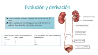 Evolución y derivación
 Solo se requiere intervención especializada en un 25% de
casos.
 2/3 de los cálculos ureterales pasan espontáneamente al
cabo de 4 semanas del inicio de los síntomas.
 
