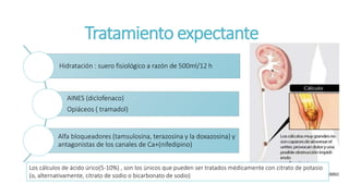 Tratamiento expectante
Hidratación : suero fisiológico a razón de 500ml/12 h
AINES (diclofenaco)
Opiáceos ( tramadol)
Alfa bloqueadores (tamsulosina, terazosina y la doxazosina) y
antagonistas de los canales de Ca+(nifedipino)
Los cálculos de ácido úrico(5-10%) , son los únicos que pueden ser tratados médicamente con citrato de potasio
(o, alternativamente, citrato de sodio o bicarbonato de sodio)
 