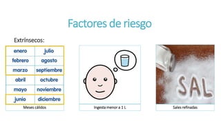 Factores de riesgo
Extrínsecos:
Meses cálidos Ingesta menor a 1 L Sales refinadas
 