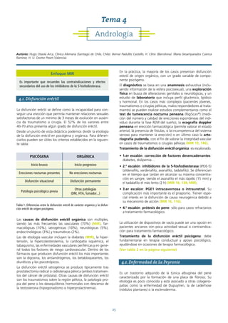 25
4.1. Disfunción eréctil
La disfunción eréctil se define como la incapacidad para con-
seguir una erección que permita mantener relaciones sexuales
satisfactorias de un mínimo de 3 meses de evolución en ausen-
cia de traumatismo o cirugía. El 52% de los varones entre
40-70 años presenta algún grado de disfunción eréctil.
Desde un punto de vista didáctico podemos dividir la etiología
de la disfunción eréctil en psicógena y orgánica. Para diferen-
ciarlos pueden ser útiles los criterios establecidos en la siguien-
te tabla:
Las causas de disfunción eréctil orgánica son múltiples,
siendo las más frecuentes las vasculares (70%) (MIR), far-
macológicas (10%), iatrogénicas (10%), neurológicas (5%),
endocrinológicas (3%) y traumáticas (2%).
Las de etiología vascular incluyen la diabetes (MIR), la hiper-
tensión, la hipercolesterolemia, la cardiopatía isquémica, el
tabaquismo, las enfermedades vasculares periféricas y en gene-
ral todos los factores de riesgo cardiovascular. Dentro de los
fármacos que producen disfunción eréctil los más importantes
son la digoxina, los antiandrógenos, los betabloqueantes, los
diuréticos y los psicotrópicos.
La disfunción eréctil iatrogénica se produce típicamente tras
prostatectomía radical o radioterapia pélvica (ambos tratamien-
tos del cáncer de próstata). Otras causas de disfunción eréctil
son los traumatismos sobre la región pélvica, la patología pro-
pia del pene o los desequilibrios hormonales con descenso de
la testosterona (hipogonadismo o hiperprolactinemia).
En la práctica, la mayoría de los casos presentan disfunción
eréctil de origen orgánico, con un grado variable de compo-
nente psicógeno.
El diagnóstico se basa en una anamnesis exhaustiva (inclu-
yendo información de la esfera psicosexual), una exploración
física en busca de alteraciones genitales o neurológicas, y un
estudio de laboratorio que incluya perfil glucémico, lipídico
y hormonal. En los casos más complejos (pacientes jóvenes,
traumatismos o cirugías pélvicas, malos respondedores al trata-
miento) se pueden realizar estudios complementarios como el
test de tumescencia nocturna peneana (RigiScan®
) (medi-
ción del número y calidad de erecciones espontáneas del indi-
viduo durante la fase REM del sueño), la ecografía doppler
peneana en erección farmacológica (permite valorar el estado
arterial, la presencia de fístulas, o la incompetencia del sistema
venoso para mantener la erección) o en último caso la arte-
riografía pudenda, con el fin de valorar la integridad vascular
en casos de traumatismos o cirugías pélvicas (MIR 19, 146).
Tratamiento de la disfunción eréctil orgánica: es escalonado.
• 1.er escalón: corrección de factores desencadenantes:
diabetes, dislipemia…
• 2.º escalón: inhibidores de la 5-fosfodiesterasa (IPDE-5)
(sildenafilo, vardenafilo, avanafilo, tadalafilo). Se diferencian
en el tiempo que tardan en alcanzar su máxima concentra-
ción en sangre, siendo el avanafilo el más rápido (15 min) y
el tadalafilo el más lento (2 h) (MIR 18, 134; MIR).
• 3.er escalón: PGE1 intracavernosa o intrauretral. Su
complicación más importante es el priapismo. Tienen espe-
cial interés en la disfunción de causa neurogénica debido a
su mecanismo de acción (MIR 16, 116).
• 4.º escalón: prótesis de pene: sólo para casos refractarios
a tratamiento farmacológico.
La utilización de dispositivos de vacío puede ser una opción en
pacientes ancianos con poca actividad sexual o contraindica-
ción para tratamiento farmacológico.
Tratamiento de la disfunción eréctil psicógena: debe
fundamentarse en terapia conductual y apoyo psicológico,
ayudándose en ocasiones de terapia farmacológica.
(Ver tabla 2 en la página siguiente)
4.2. Enfermedad de La Peyronie
Es un trastorno adquirido de la túnica albugínea del pene
caracterizado por la formación de una placa de fibrosis. Su
etiología es poco conocida y está asociado a otras colageno-
patías como la enfermedad de Dupuytren, la de Lederhose
(nódulos plantares) o la esclerodermia.
Tabla 1. Diferencias entre la disfunción eréctil de carácter orgánico y la disfun-
ción eréctil de origen psicógeno.
PSICÓGENA ORGÁNICA
Inicio brusco Inicio progresivo
Erecciones nocturnas presentes No erecciones nocturnas
Disfunción situacional Disfunción permanente
Patología psicológica previa
Otras patologías
(DM, HTA, fumador...)
Andrología
Tema 4
Autores: Hugo Otaola Arca, Clínica Alemana (Santiago de Chile, Chile). Bernat Padullés Castelló, H. Clínic (Barcelona). María Desamparados Cuenca
Ramírez, H. U. Doctor Peset (Valencia).
Enfoque MIR
Es importante que recuerdes las contraindicaciones y efectos
secundarios del uso de los inhibidores de la 5-fosfodiesterasa.
 