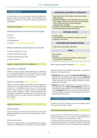 Tema 5 · Infecciones urinarias
29
5.5. Clasificación
Las infecciones de orina las podemos clasificar atendiendo a
diversos criterios: localización, riesgo de complicación, con-
cepto de recurrencia y concepto de bacteriuria significativa
asintomática.
Según la localización
Infecciones del tracto urinario inferior o de vías bajas
• Cistitis.
• Prostatitis.
• Orquiepididimitis.
• Uretritis (ver manual de Dermatología).
Infecciones del tracto urinario superior o de vías altas
• Pielonefritis (aguda o crónica).
• Nefritis intersticial bacteriana.
• Absceso parenquimatoso renal.
• Absceso perirrenal.
Según el riesgo potencial de complicación
Infecciones no complicadas
Afectan a mujeres jóvenes (premenopáusicas) no embaraza-
das, sin anomalías anatómicas o funcionales del tracto urinario
y sin patología de base ni instrumentación urinaria reciente.
Responden bien al tratamiento (pautas cortas).
Infecciones complicadas (MIR 14, 129; MIR)
Afectan a varones, mujeres embarazadas o postmenopáusicas
y personas con anomalías anatómicas o funcionales del tracto
urinario y/o con patología de base y/o con instrumentación
urinaria reciente. Implica un riesgo moderado o alto de evolu-
cionar a sepsis, destrucción tisular u otros estados de cierta
morbilidad o mortalidad. Son difíciles de tratar (requieren pau-
tas largas), recurren con mayor frecuencia y requieren un estu-
dio urológico.
(Ver tabla 3)
Según la frecuencia
Infección aislada
Incluye todas las primoinfecciones y aquélla que se encuentra
separada temporalmente de una infección previa por un perio-
do >6 meses.
Infección recurrente
Consiste en la aparición de un nuevo episodio tras la resolución
clínica inicial, definida por la obtención de cultivos negativos
después de tratamiento antibiótico adecuado. La recurrencia
puede ser la consecuencia de:
• Reinfección: está producida por gérmenes diferentes a los
tratados con anterioridad y suele aparecer tras >2 semanas
después de la infección anterior. Supone el 95% de las infec-
ciones recurrentes en la mujer. Requiere tratamiento corto y
prevención de recidivas.
• Recidiva (persistencia bacteriana en el tracto urinario): se
debe generalmente al mismo microorganismo tratado con
anterioridad y suele aparecer en un intervalo de tiempo infe-
rior (<2 semanas). Es más frecuente en el varón y puede im-
plicar anomalías anatómicas o funcionales del tracto urinario.
Requiere tratamiento largo.
5.6. Síndromes clínicos y su tratamiento
El espectro clínico de la infección urinaria varía desde la bacte-
riuria asintomática hasta la sepsis.
Bacteriuria significativa asintomática
Es la presencia de >105
UFC/mL en 2 cultivos consecutivos en
mujeres no gestantes o 1 único cultivo en mujeres gestantes o
varones, en ausencia de sintomatología urinaria.
Su tratamiento sólo está indicado en aquellas situaciones en las
que existe evidencia que el tratamiento antibiótico disminuye
el riesgo de infección clínica y de complicaciones a largo plazo.
ALTERACIONES ANATÓMICAS O FUNCIONALES
• Uropatía obstructiva: HBP, estenosis uretral, litiasis, tumores.
vejiga neurógena…
• Anomalías morfológicas: riñón en herradura, riñón en esponja,
uréter ectópico, megauréter, estenosis de la unión pieloureteral,
valvas uretrales, derivaciones urinarias quirúrgicas
(ureteroileostomía, neovejiga).
• Anomalías funcionales: reflujo vesico-ureteral, embarazo.
• Lesiones del urotelio (químicas o por radiación).
PATOLOGÍA DE BASE
• Diabetes mellitus.
• Inmunodeprimido (inmunodeficiencia, trasplante renal, VIH).
• Insuficiencia renal crónica.
INSTRUMENTACIÓN URINARIA RECIENTE
• Sonda vesical, catéter doble J, nefrostomía.
OTROS
• Sexo masculino.
• Ancianos.
• Infecciones previas resistentes a antibiótico, infecciones por
microorganismos multirresistentes.
Tabla 3. Factores de riesgo de ITU complicada (MIR 14, 129; MIR).
 
