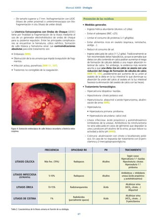 Manual AMIR · Urología
40
- De tamaño superior a 7 mm: litofragmentación con LEOC
(litiasis de uréter proximal) o ureterorrenoscopia con lito-
fragmentación in situ (litiasis de uréter distal).
La Litotricia Extracorpórea con Ondas de Choque (LEOC)
tiene por finalidad la fragmentación de la litiasis mediante el
uso de un generador electrohidráulico de ondas de choque
para su posterior expulsión. Entre las principales complicacio-
nes se encuentran la hematuria, cólico nefrítico, formación
de calle litiásica y hematoma renal. Las contraindicaciones
absolutas para este tratamiento son:
• Embarazo (MIR).
• Obstrucción de la vía urinaria que impida la expulsión de frag-
mentos.
• Infección activa, pionefrosis (MIR 11, 107).
• Trastornos no corregibles de la coagulación.
Prevención de las recidivas
• Medidas generales.
- Ingesta hídrica abundante (diuresis >2 L/día).
- Evitar el sobrepeso (IMC <25).
- Limitar el consumo de proteínas (<1 g/kg/día).
- Evitar alimentos ricos en oxalato (espinaca, remolacha,
acelga…).
- Reducir el consumo de sal.
- Ingesta adecuada de calcio (1-1,2 g/día). Tradicionalmente se
han recomendado dietas hipocálcicas, ya que se pensaba que
dietas con alto contenido en calcio podrían aumentar el riesgo
de formación de cálculos debido a una mayor absorción in-
testinal de calcio. Sin embargo, la evidencia más reciente
apunta a que una dieta rica en calcio se asocia con una
reducción del riesgo de formación de cálculos de calcio
(MIR 19, 144), posiblemente por aumento de su unión al
oxalato de la dieta en la luz intestinal lo que disminuye su
absorción (la unión del calcio al oxalato en la luz intestinal
favorece la eliminación del oxalato de calcio con las heces).
• Tratamiento farmacológico.
- Hipercalciuria idiopática: tiazidas.
- Hipocitraturia: citrato potásico oral.
- Hiperuricosuria: alopurinol si existe hiperuricemia, alcalini-
zación de orina (MIR).
- Hiperoxaluria.
• Hiperoxaluria primaria: piridoxina.
• Hiperoxaluria secundaria: calcio oral.
- Litiasis infecciosa: ácido propiónico y acetohidroxámico
(inhibidores de la ureasa). Antibióticos (la nitrofurantoína
no sería adecuada en casos de gérmenes que degradan la
urea y producen pH alcalino de la orina, ya que reduce su
actividad a dicho pH (MIR)).
- Cistinuria: alcalinización con citrato o bicarbonato potá-
sico. En caso de no respuesta dar tratamiento con D-peni-
cilamina y 2-mercaptopropionilglicina.
Figura 4. Extracción endoscópica de calle litiásica secundaria a litotricia extra-
corpórea.
FRECUENCIA OPACIDAD RX PH TRATAMIENTO
LITIASIS CÁLCICA Más frec. (70%) Radiopacos Alcalino
Según causa:
Hipercalciuria 1.ª: tiazidas
Hipocitraturia: citratos
Hiperoxaluria 1.ª:
piridoxina
LITIASIS INFECCIOSA
(ESTRUVITA)
5-10% Radiopacos Alcalino
Antibióticos + inhibidores
ureasa (ácido propiónico
y acetohidroxámico)
LITIASIS ÚRICA 10-15% Radiotransparentes Ácido
Alcalinizar orina
(HCO3
, citrato…)
Alopurinol
LITIASIS DE CISTINA 1%
Radiolúcidos
(parcialmente opacos)
Ácido
Alcalinizar orina
(HCO3
, citrato…)
D-penicilamina
Tabla 2. Características de la litiasis urinaria en función de su etiología.
 