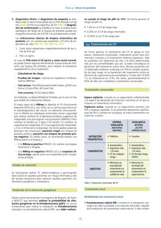 Tema 9 · Cáncer de próstata
47
3. Diagnóstico clínico: el diagnóstico de sospecha se esta-
blece ante un tacto rectal pétreo y/o un PSA elevado (>4 ng/
mL) (MIR). El PSA no es específico de CP (MIR). El diagnós-
tico de confirmación se establece en base al análisis histo-
patológico del tejido de la biopsia de próstata guiada por
ecografía transrectal, de la RTUP o la prostatectomía simple.
Las indicaciones clásicas de biopsia sistemática de
próstata son, en varones que presenten >10 años de ex-
pectativa de vida (MIR 18, 135; MIR 14, 131):
1. Tacto rectal sospechoso independientemente de las ci-
fras de PSA y/o
2. PSA >4 ng/mL
En caso de PSA entre 2-10 ng/mL y tacto rectal normal,
se puede ofrecer algunas herramientas nuevas antes de ofre-
cerle una biopsia de próstata, para mejorar la evaluación
riesgo/beneficio de su realización:
- Calculadoras de riesgo.
- Pruebas de imagen: resonancia magnética multipara-
métrica (RMmp).
- Test séricos: Test PHI (prostate Health Index), p2PSA (iso-
forma [-2] pro-PSA), 4K Score Test.
- Test urinarios: PCA3 /Select MDX.
Sin embargo, su disponibilidad es limitada, por lo que no hay
que olvidar las indicaciones clásicas.
El mayor logro de la RMmp es detectar el CP clínicamente
relevante (ISUP ≥2) y, por tanto, es un camino para disminuir
el sobrediagnóstico del cáncer no relevante clínicamente.
Con la RMmp los radiólogos entrenados tienen capacidad
para valorar cambios en la glándula prostática sugestivos de
malignidad, a los que asignan una puntuación (PIRADS). Estos
cambios se dividen en 5 tipos (1-5) siendo 1-2 cambios no
sugestivos de malignidad, 4-5 muy sugestivos de malignidad,
y 3 en el límite de la malignidad. De forma global podemos
distinguir dos situaciones: paciente virgen (sin biopsia de
próstata previa) y paciente con biopsia de próstata pre-
via negativa. En ambos casos, se recomienda realizar una
RMmp previo a la biopsia y:
- Si la RMmp es positiva (PIRADS >3), realizar una biopsia
sistemática + dirigida.
- Si la RMmp es negativa (PIRADS ≤2) y la sospecha clí-
nica es baja, valorar junto con el paciente omitir la biop-
sia de próstata.
Estudio de extensión
Se recomienda realizar TC abdominopélvica y gammagrafía
ósea (GGO) en aquellos pacientes con riesgo intermedio y alto
de recidiva bioquímica para detectar aquellos pacientes con
afectación ganglionar o metastásica.
Predicción de la afectación ganglionar
Existen varias herramientas (nomograma de Briganti, de Partin
y MSKCC) que permiten estimar la probabilidad de afec-
tación ganglionar en la linfadenectomía (pN1). Su uso es
fundamental para indicar la realización de linfadenectomía
asociado a la prostatectomía radical (PR), que debe realizar-
se cuando el riesgo de pN1 es >5%. De forma general, el
riesgo de pN1 es:
• 1-2% en el CP de riesgo bajo.
• 3-20% en el CP de riesgo intermedio.
• 15-40% en el CP de riesgo alto.
9.5. Tratamiento del CP
De forma general, el tratamiento del CP se apoya en tres
pilares: tratamiento conservador, tratamiento activo local (con
intención curativa) y el tratamiento sistémico (paliativo). Sólo
los pacientes con esperanza de vida >10 años (determinada
más por las comorbilidades que por la edad cronológica) se
benefician del tratamiento activo local. Muchos pacientes con
CP detectado mediante screening con PSA en estadio localiza-
do de bajo riesgo no se benefician del tratamiento activo en
términos de supervivencia (la mortalidad a 15 años del CP ISUP
1-2 sin tratamiento es <7%). Por tanto, aproximadamente el
45% de ellos son candidatos a tratamiento conservador.
Tratamiento conservador
Espera vigilante: consiste en un seguimiento individualizado
a la espera del desarrollo de síntomas, momento en el que se
instaura un tratamiento sintomático.
Vigilancia activa: consiste en un seguimiento estrecho con
PSA y biopsias repetidas. Si se presentan elevaciones significa-
tivas de PSA o cambios en la biopsia, se indica tratamiento con
intención curativa.
Tratamiento local
Modalidades de tratamiento local
• Prostatectomía radical (PR): consiste en la extirpación qui-
rúrgica de toda la próstata y las vesículas seminales, seguido
de la realización de anastomosis uretro-vesical. Si bien existen
ESPERA
VIGILANTE
(WATCHFUL
WAITING)
VIGILANCIA
ACTIVA
(ACTIVE
SURVEILLANCE)
INTENCIÓN
TERAPÉUTICA
• Paliativa. • Curativa.
CANDIDATOS
• Asintomático.
• Esperanza vida
<10 años.
• CP de cualquier
riesgo.
• Asintomático.
• Esperanza vida
>10 años.
• CP de bajo riesgo
(MIR).
OBJETIVO
• Minimizar la
toxicidad del
tratamiento sin
comprometer la
calidad de vida.
• Minimizar la
toxicidad del
tratamiento sin
comprometer la
supervivencia.
Tabla 5. Tratamiento conservador del CP.
 