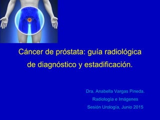 Cáncer de próstata: guía radiológica
de diagnóstico y estadificación.
Dra. Anabella Vargas Pineda.
Radiología e Imágenes
Sesión Urología, Junio 2015
 