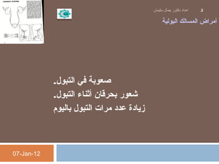 ‫البولية‬ ‫المسالك‬ ‫أمراض‬
‫التبول‬ ‫في‬ ‫صعوبة‬.
‫التبول‬ ‫أثناء‬ ‫بحرقان‬ ‫شعور‬.
‫باليوم‬ ‫التبول‬ ‫مرات‬ ‫عدد‬ ‫زيادة‬
07-Jan-12
‫سليمان‬ ‫جمال‬ ‫دكتور‬ ‫اعداد‬ 5
 