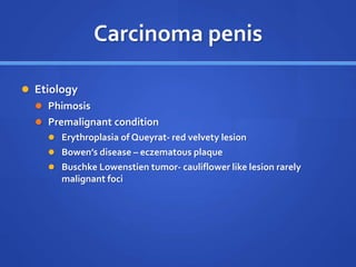 Carcinoma penis
 Etiology
 Phimosis
 Premalignant condition
 Erythroplasia of Queyrat- red velvety lesion
 Bowen’s disease – eczematous plaque
 Buschke Lowenstien tumor- cauliflower like lesion rarely
malignant foci
 