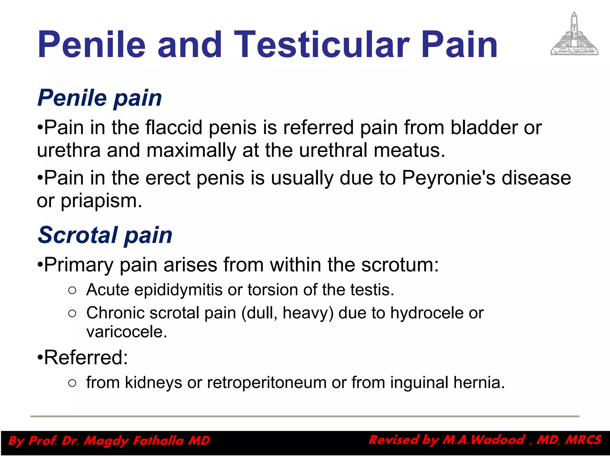 Penile and Testicular Pain   Penile pain Pain in the flaccid penis is referred pain from bladder or urethra and maximally at the urethral meatus.  Pain in the erect penis is usually due to Peyronie's disease or priapism. Scrotal pain  Primary pain arises from within the scrotum: Acute epididymitis or torsion of the testis.  Chronic scrotal pain (dull, heavy) due to hydrocele or  varicocele. Referred: from kidneys or retroperitoneum or from inguinal hernia. Magdy Fath-Alla, 2009 