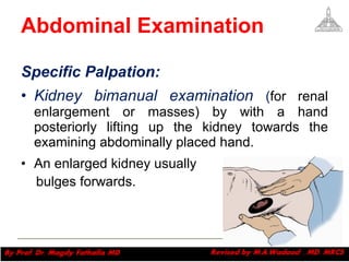 Abdominal Examination Specific Palpation: Kidney bimanual examination  ( for renal enlargement or masses) by with a hand posteriorly lifting up the kidney towards the examining abdominally placed hand.  An enlarged kidney usually  bulges forwards.  Magdy Fath-Alla, 2009 