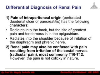 Differential Diagnosis of Renal Pain 1) Pain of intraperitoneal origin  (perforated duodenal ulcer or pancreatitis) has the following characters: Radiates into the back, but the site of greatest pain and tenderness is in the epigastrium.  Radiates into the shoulder because of irritation of the diaphragm and phrenic nerve.  2) Renal pain may also be confused with pain resulting from irritation of the costal nerves (radicular pain), most commonly T10-T12.  However, the pain is not colicky in nature. Magdy Fath-Alla, 2009 