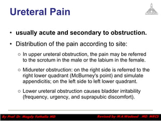 Ureteral Pain   usually acute and secondary to obstruction.   Distribution of the pain according to site:  In upper ureteral obstruction, the pain may be referred to the scrotum in the male or the labium in the female.  Midureter obstruction: on the right side is referred to the right lower quadrant (McBurney's point) and simulate appendicitis; on the left side to left lower quadrant.  Lower ureteral obstruction causes bladder irritability (frequency, urgency, and suprapubic discomfort). Magdy Fath-Alla, 2009 