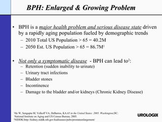 BPH: Enlarged & Growing Problem BPH is a  major health problem and serious disease state   driven by a rapidly aging population fueled by demographic trends 2010 Total US Population > 65 = 40.2M 2050 Est. US Population > 65 = 86.7M 1  Not only a symptomatic disease   - BPH can lead to 2 : Retention (sudden inability to urinate) Urinary tract infections Bladder stones Incontinence Damage to the bladder and/or kidneys (Chronic Kidney Disease) 1 He W, Sengupta M, Velkoff VA, DeBarros, KA. 65 in the United States: 2005. Washington, DC: National Institute on Aging and US Census Bureau; 2005. 2 NIDDK:http://kidney.niddk.nih.gov/kudiseases/pubs/prostateenlargement/ 