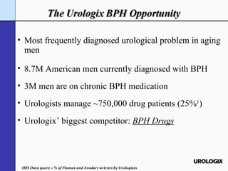 Most frequently diagnosed urological problem in aging men 8.7M American men currently diagnosed with BPH 3M men are on chronic BPH medication Urologists manage ~750,000 drug patients (25% 1 ) Urologix’ biggest competitor:  BPH Drugs 1 IMS Data query = % of Flomax and Avodart written by Urologists 