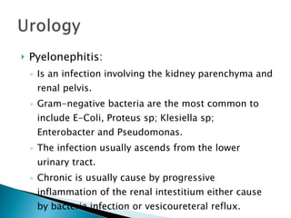 Pyelonephitis: Is an infection involving the kidney parenchyma and renal pelvis. Gram-negative bacteria are the most common to include E-Coli, Proteus sp; Klesiella sp; Enterobacter and Pseudomonas.  The infection usually ascends from the lower urinary tract. Chronic is usually cause by progressive inflammation of the renal intestitium either cause by bacteria infection or vesicoureteral reflux. 