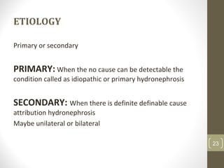 ETIOLOGY
Primary or secondary
PRIMARY: When the no cause can be detectable the
condition called as idiopathic or primary hydronephrosis
SECONDARY: When there is definite definable cause
attribution hydronephrosis
Maybe unilateral or bilateral
23
 