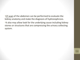 •CT scan of the abdomen can be performed to evaluate the
kidney anatomy and make the diagnosis of hydronephrosis.
•It also may allow look for the underlying cause including kidney
stones or structures that are compressing the urinary collecting
system.
56
 