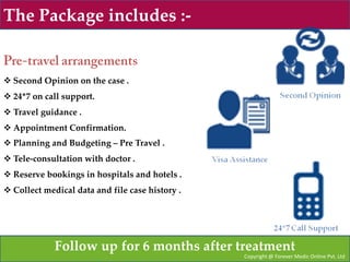 The Package includes :-


 Second Opinion on the case .
 24*7 on call support.
 Travel guidance .
 Appointment Confirmation.
 Planning and Budgeting – Pre Travel .
 Tele-consultation with doctor .
 Reserve bookings in hospitals and hotels .
 Collect medical data and file case history .




             Follow up for 6 months after treatment
                                                 Copyright @ Forever Medic Online Pvt. Ltd
 